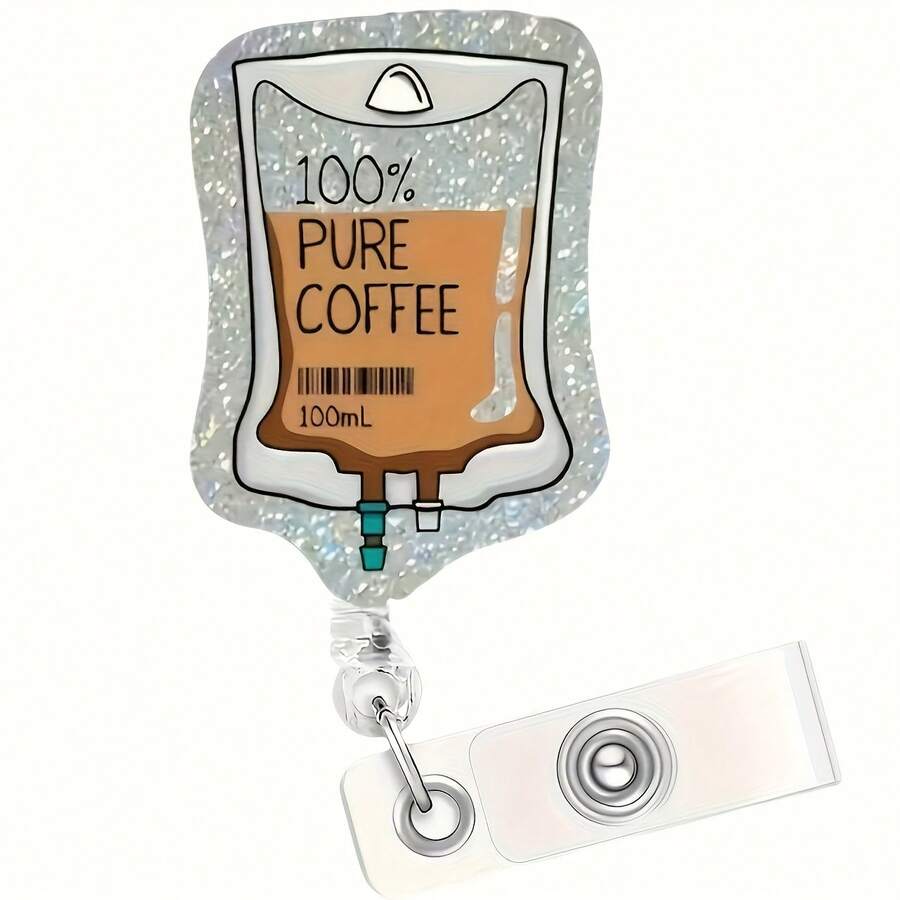 2D Flat Humorous "100% Pure Coffee" Acrylic Retractable Badge Holder - Suitable For Nurses, Workers, Doctors, LPN Caregivers| Funny And Durable ID Badge Design| A Great Gift Choice - A - View 1