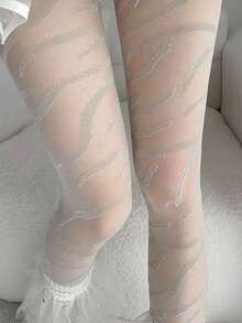 1 Pair Zebra Textured Lurex Glitter Socks, Sexy Shiny Fashion Elastic Stockings For Music Festival/Party/Prom/Y2K - Multicolor - View 9