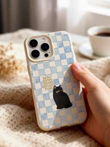 Healing Hand-Painted Cat Checkerboard Artistic Phone Case, Milky White Faux Leather Texture Soft Shell Material, High-Precision Watercolor Style Printing Craftsmanship, Blue And White Checkerboard Pattern, Harmonious Colors, Full Of Life Philosophy And Gentle Power; The Lens Module Area Has A Thickened Silicone Protective Ring, Precisely Fitting The Camera Protrusion, Providing Full Lens Protection - Multicolor - View 4