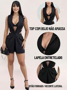 TETE FASHION Macaquinho Jardineira Colete Blazer Cropped Top Montaria Feminino 9151 - Preto - Visão 7