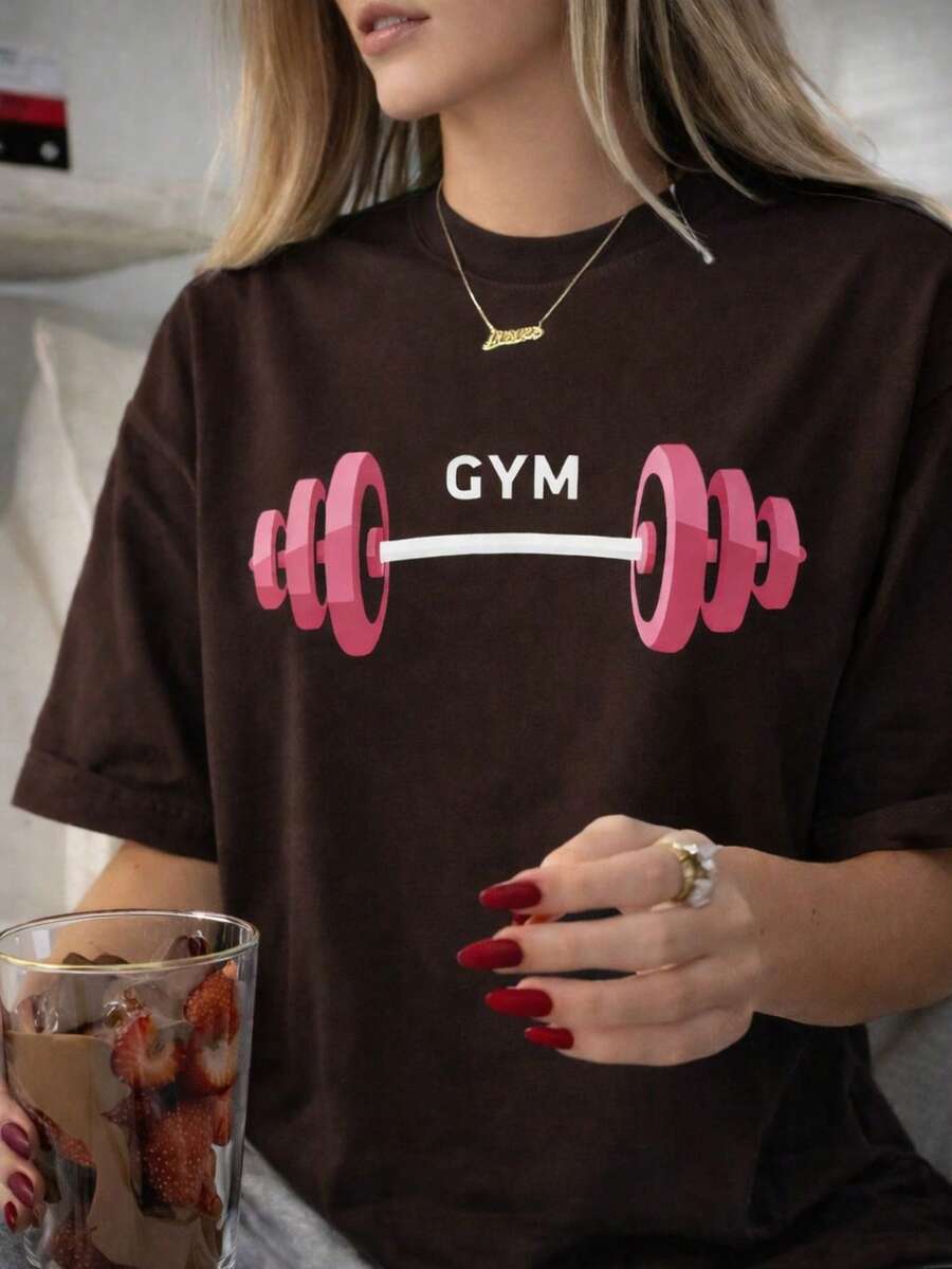 Women's Gym T-Shirt, 100% Cotton, Round Neck Shirt - 鏽棕色 - 查看 1