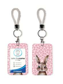 1pc Cute Rabbit Pattern ID Card Holder With Keychain, Clip And Butterfly Phone Lanyard, Keychain Badge Rack - Rectangle - View 5