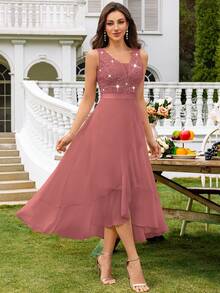 MIUSOL 深V领蕾丝亮片荷叶边高低摆雪纺正式派对长裙，适合婚礼宾客、毕业典礼、春季晚宴等场合。 - 藕粉色 - 查看 6