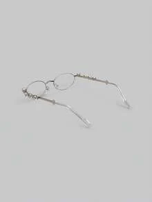 DareSee 1pc Fashionable Small Frame Oval Rhinestone Decor 9-Carat Women's Indoor Computer Reading Outdoor Versatile Decorative Clear Lens Glasses Music Fest - Clear - View 4