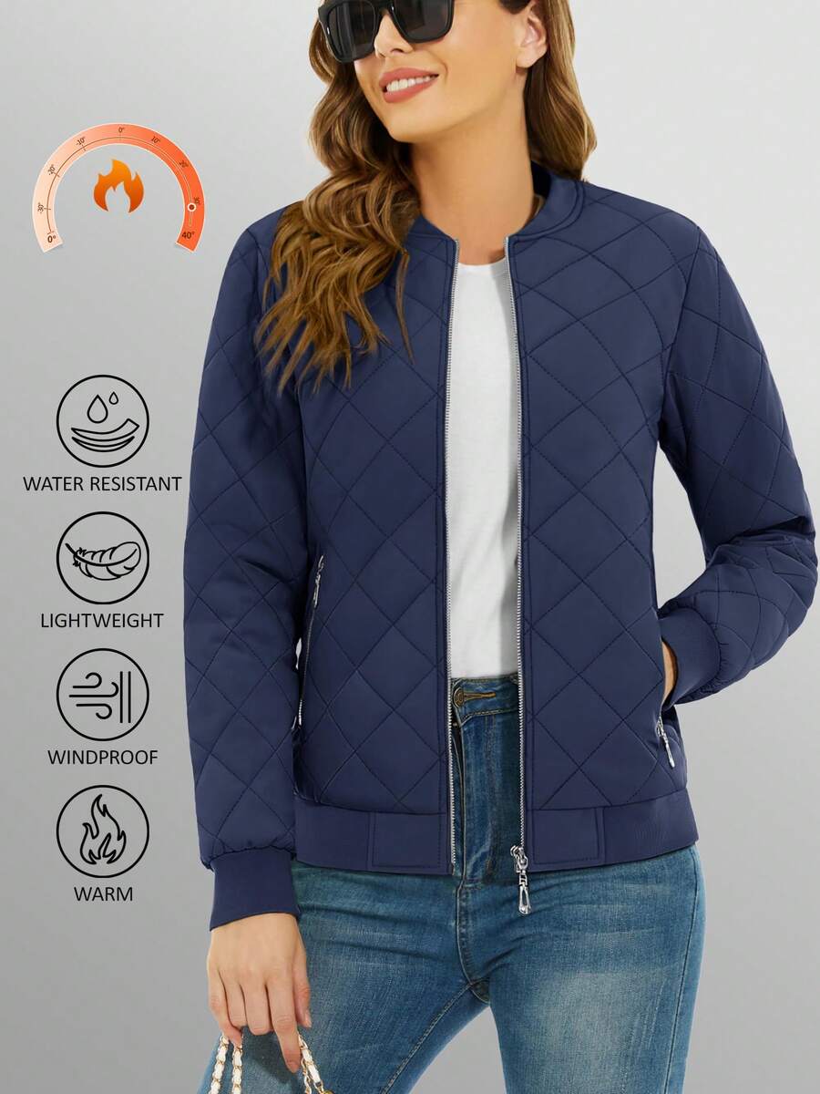 KEFITEVD Women's Thermal Bomber Jacket Lightweight Full-Zip Quilted Warm Padded Coat Casual Outwear With Pockets - 藏蓝色 - 查看 1