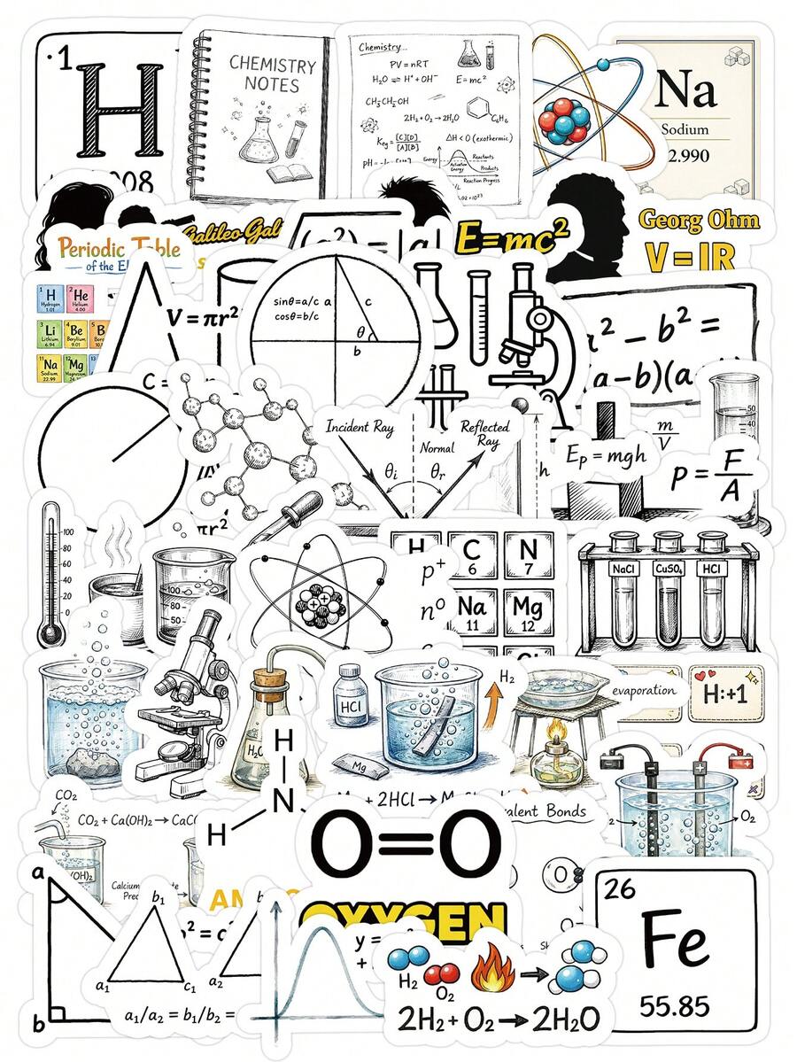 65张STEM贴纸套装，手绘科学美学设计，化学和物理学习工具，送给科学爱好者和学生的礼物，学习用品 - 科學元素 - 查看 1