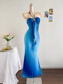 Women's Vacation Knit Mesh Ombre Romantic Fitted Halter Tie-Up Metal Buckle Decor Fishtail Maxi Dress, Suitable For Party, Date, Afternoon Tea, Sexy & Elegant - 藍色 - 查看 10