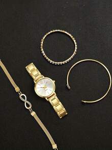 四件套精美女士石英表套装，简约圆形表盘，搭配优雅手链，适合日常及特殊场合佩戴，是节日、生日的完美礼物，时尚配饰，工艺精湛，珠宝爱好者之选。 - 金色 - 查看 3