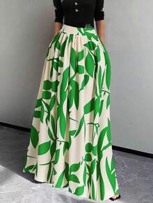 EARO Falda de línea A de cintura alta con estampado floral para mujer, falda de vacaciones de verano primaveral - Verde hierba - Ver 4