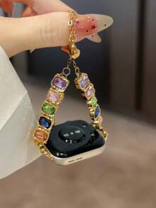 1pc Women's Colorful Gemstone & Rhinestone Bracelet Band, Metal Strap Fits 38/40/41/42/44/45/46/49mm, Compatible With Apple Watch Ultra/SE/Series 10/9/8/7/6/5/4/3/2/1 Bands - Gold Color Adjustable - View 8