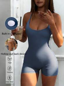 GAOVOT Women's Summer Sexy Backless Cross Design With Breast Pad Short Jumpsuit Gym Yoga Exercise Fitness Running Pilates - Gray Blue - View 1