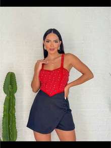 Cropped em Brilho Strass com Alça e Bico V Balada - Vermelho - Visão 3