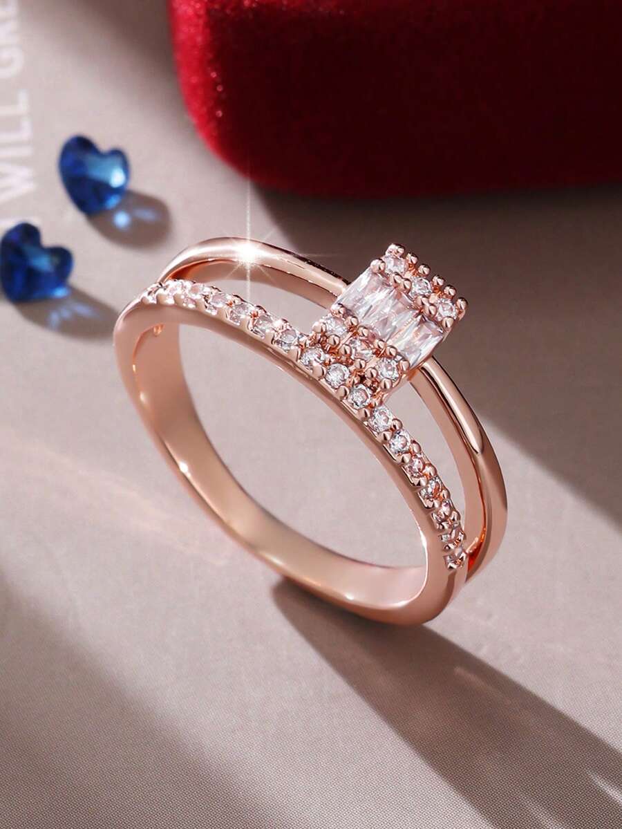 1枚优雅高品质几何双层设计戒指，镶嵌方形合成锆石，适合求婚、婚礼、派对、周年纪念、生日、感恩节、情人节、圣诞节、新年、母亲节等场合佩戴。 - 玫瑰金 - 查看 1
