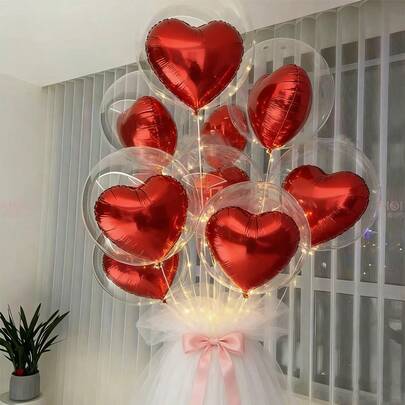 30pcs Transparent Heart-Shaped Foil Balloons Set With Ribbons, Suitable For Valentine's Day, Birthday, Wedding, Proposal And Anniversary, Large Red Heart Balloons - Valentine's Day Indoor & Outdoor Balloon Decor, No Electricity, No Lights