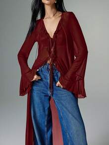 2026 Women's Tie Front Ruffle Sheer Blouse Long Bell Sleeve Going Out Casual Tops Flare Sleeve Front Tie Long Fashion Shirt - 紅色 - 查看 6