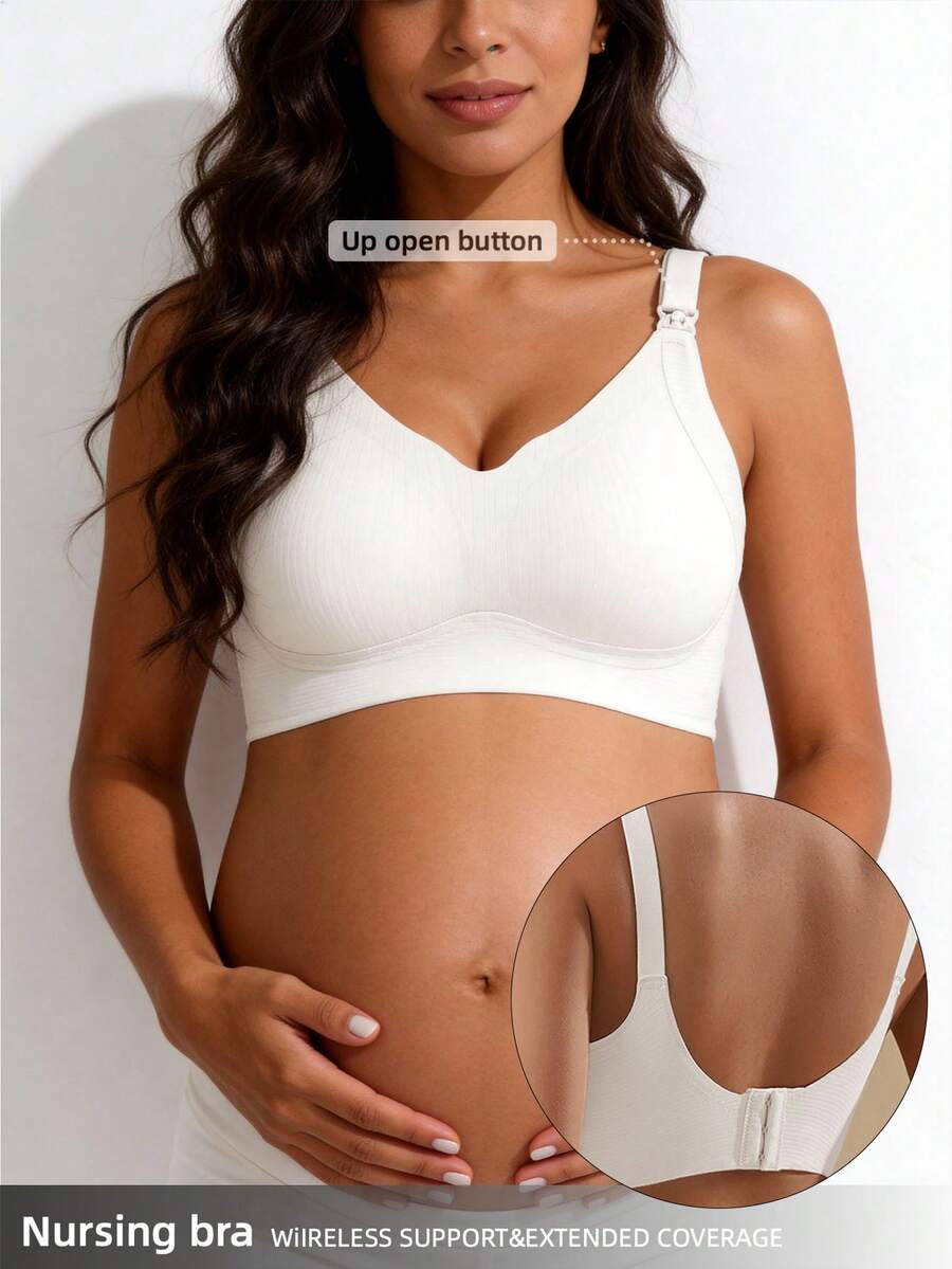 Maternity Nursing Bra, Wireless, Anti-Sagging, Postpartum Breastfeeding Bra With Half-Fixed Lift And Clip-Open Design - White - View 1