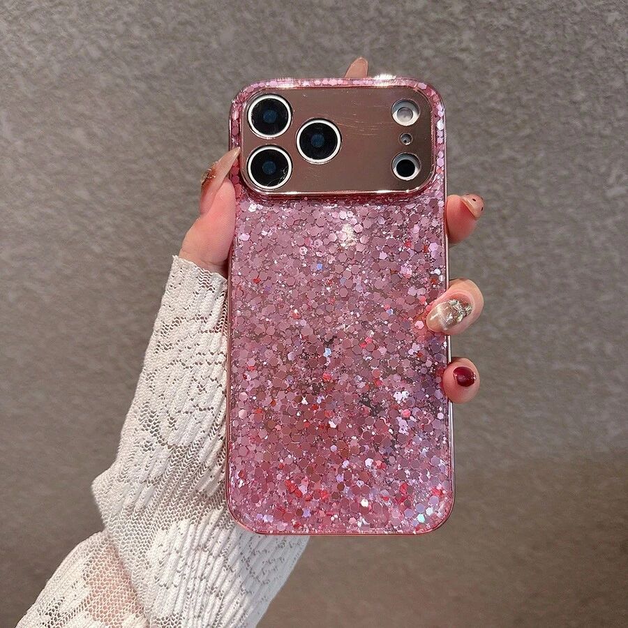 Funda de teléfono de lujo minimalista con lentejuelas rosas brillantes, compatible con iPhone 17 Pro Max/17 Pro/17 Air/17/16 Pro Max/16 Pro/16/16 Plus/15/15 Pro Max/15 Pro/15 Plus/11/12/13/14 Pro Max/11 Pro/11 Pro Max/12 Pro/12 Pro Max/13 Pro/13 Pro Max/14 Pro/14 Pro Max, carcasa dura con revestimiento electrolítico a prueba de golpes para regalo de cumpleaños de mujer y fiesta