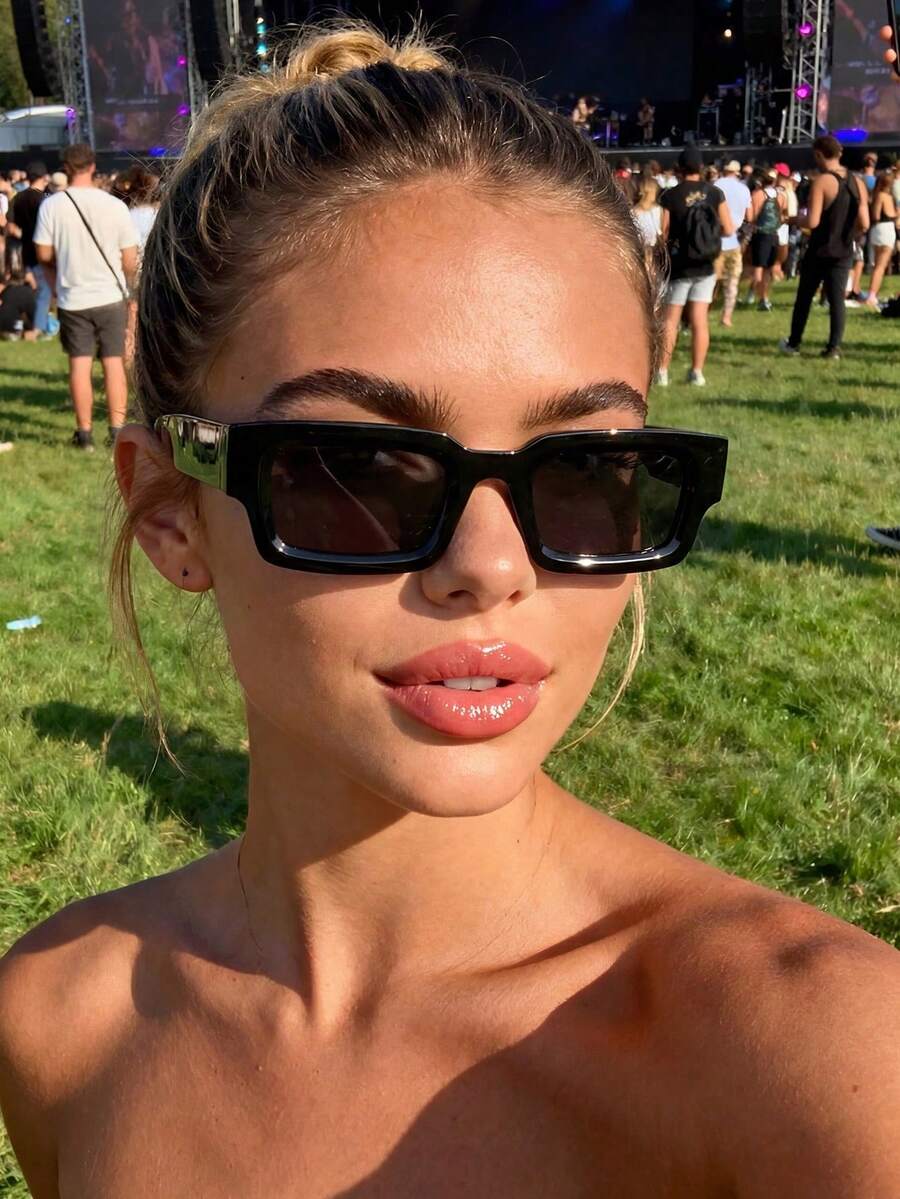 1 Pair Unisex Retro Rectangular Fashion Glasses, Suitable For Everyday Outings, Music Festivals, Holiday Gifts, And Daily Wear, Paired With Beach Accessories - Black - View 1