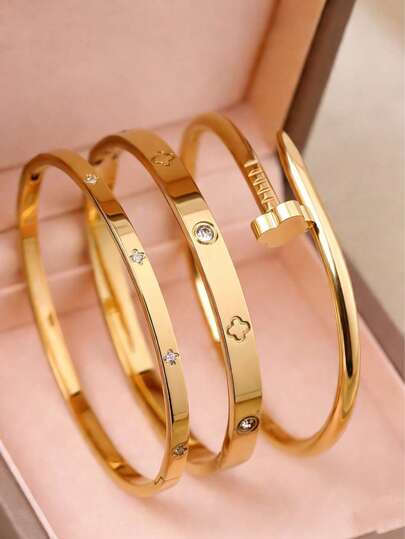 Vielseitiges Edelstahl Sternenhimmel Armband Set, Vierblatt Blumen Nagel Armband, Vierblatt Klee Strass Armband, geeignet für Alltag Gebrauch, für Frauen oder als Geschenk für Freunde