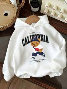 女士纯色长袖口袋休闲连帽衫，配小熊英文图案 - 白色 - 查看 1
