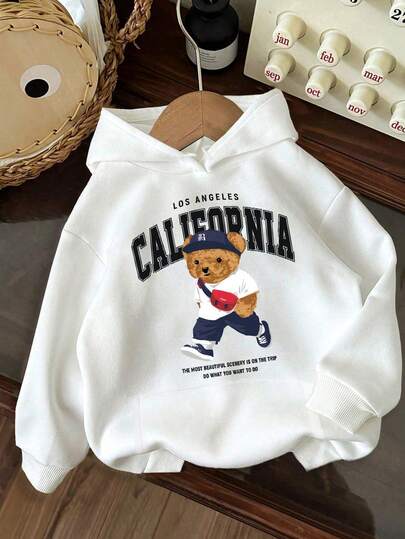 女士纯色长袖口袋休闲连帽衫，配小熊英文图案
