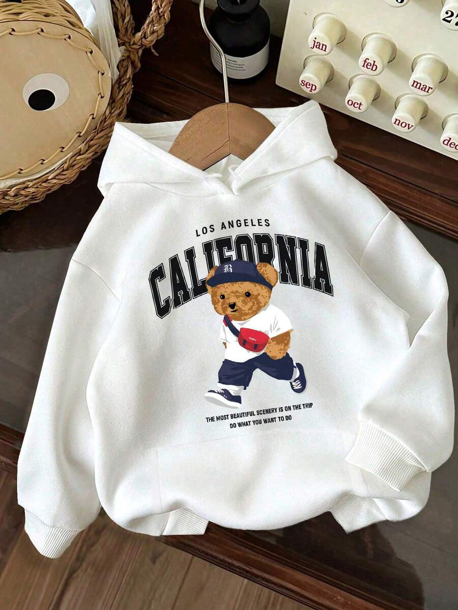 女士纯色长袖口袋休闲连帽衫，配小熊英文图案 - 白色 - 查看 1