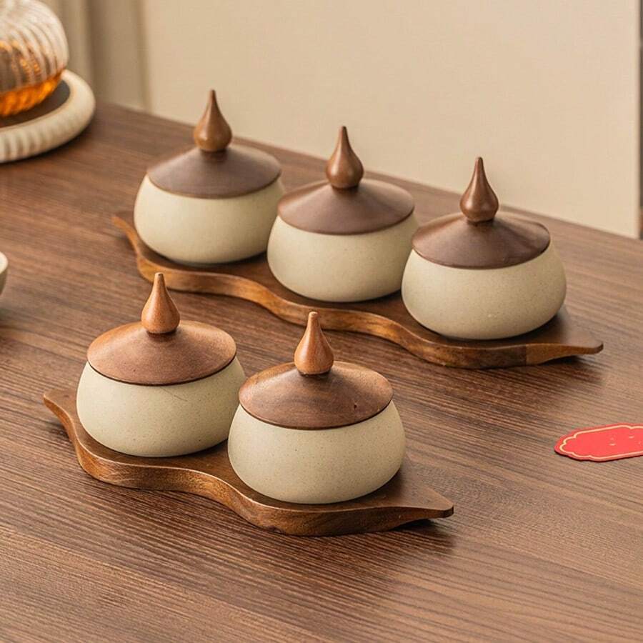 1件复古零食碗，粗陶碗配木盖，分格糖果坚果盘套装，微波炉和洗碗机适用陶瓷碗，适合客厅、茶室、餐厅装饰 - 粗陶+棕色 - 查看 1