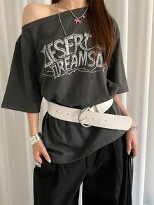 1pc Coffee Color PU Material D-Shaped Buckle Suede Vintage Versatile Wide Belt - White - View 3