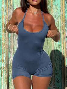 GAOVOT Women's Summer Sexy Backless Cross Design With Breast Pad Short Jumpsuit Gym Yoga Exercise Fitness Running Pilates - Gray Blue - View 4