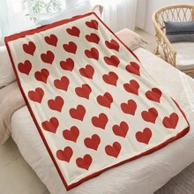 1pc Flannel Blanket With Large Red Hearts Pattern| Soft Beige Background, Perfect For Valentine'S Day, Cozy And Warm, Polyester, Digital Print, All Seasons Use, Machine Washable - White - View 6