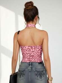 Women's Cheetah Print Tube Tops Mesh Sleeveless Strapless Leopard Slim Fit Ruched Cropped Tanks With Scarf - Pink - View 4