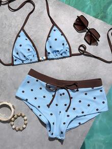 Bộ bikini nữ màu vàng chấm bi kiểu retro, thích hợp cho các buổi đi chơi, phong cách Y2K, dạo phố, nghỉ mát, bãi biển mùa hè. - Màu xanh nhạt - Xem 11