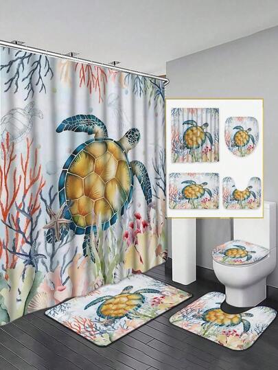 Ocean World Shower Curtain Set - Lifelike Sea Turtle And Coral Reef Design, Includes Shower Curtain, Bath Mat, Toilet Lid Cover And Non-Slip Bathroom Mat, Bringing A Fresh And Natural Underwater Ambiance To The Bathroom
