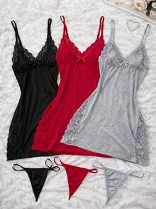3PCS Slip Into Elegance With This 3pcs Women's Lace Pajama Set. Designed With Sheer Lace Panels And Side Slits, It Adds A Touch Of Sexiness While Keeping You Comfortable All Night Long. Perfect For Bedroom Wear, Honeymoon Nights, Or Romantic Evenings. - Polychrome - View 1