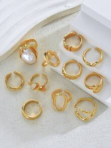 11pcs Vintage Casual Fashion Coin-Inspired Metal Ring Set, Includes Asymmetrical Geometric, Hollow, Crinkle, Asymmetric Pearl Multi-Element Designed Rings, Suitable For Daily, Party, Date, Holiday, Wedding, Gift - Gold - View 5