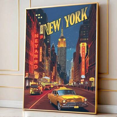 1pc Vintage New York City Wall Art Picture Pop Art Style NYC Street Print Canvas Paintings Retro Neon Nightscape Poster Modern Urban Wall Decorations For Living Room Bedroom Office Home Decor Gift For Her Unframed Or Framed