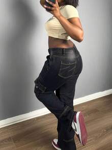 Retro Wide-Leg Work Jeans, Slim Fit,  Brand, Multi-Pocket Design - Black - View 3