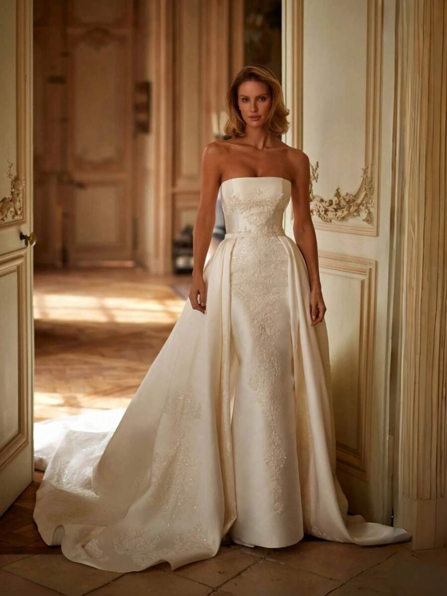 Detachable Luxe Strapless Square Neck Embellished Lace & Satin Ballgown Wedding Dress With Detachable Train, Wedding Dresses For Bride, Elegant And Comfortable, Includes Plus Sizes, Bridal Gown, Formal Dresses For Women, Suitable For Wedding, Party, Vacation, Bride, Formal Occasions, Dinner Dress, Prom Dress, After-Party Dress, Homecoming Dress, Cocktail Party, Birthday Party, Celebration, Gala, Festival, Ceremony - 白色 - 查看 1