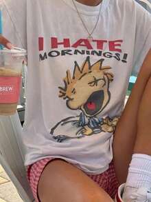 Oversized Vintage I Hate Mornings Tshirt, Retro Cartoon Tshirt, Baggy Fit Graphic Tee, Vintage Tshirt, Tr*Ndy Tshirt, Y2K, Vintage 90s Tee - 白色 - 查看 1