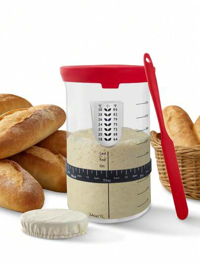 34盎司大容量玻璃发酵罐（带盖和刻度盘），自制酸面包发酵套装，面包和面团准备及醒发