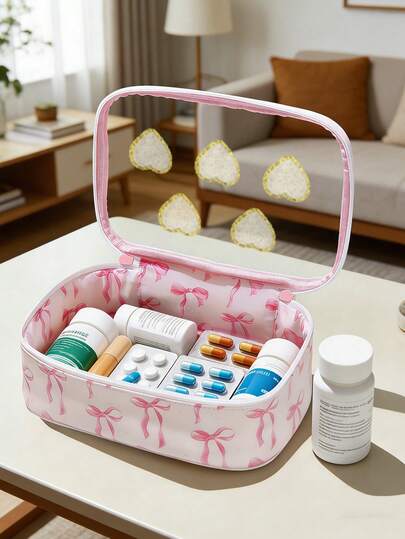 1pc Transparent Pu Bow Medical Kit Printed With Heart-Shaped Stickers And Y2k Bow Pattern Print,Ins-Style Portable Medical Storage Bag,Version Of Travel And Home Portable Storage Bag,Lightweight Toiletry & Travel Organizer Bag,Makeup Bag,Medicine Storage Bag,Jewelry Storage, Lip Oil And Cosmetics Storage Bag,Durable & Portable For On-The-Go,Travel, Camping, Parties, Daily Use, Essential For Health - Conscious & On - The - Go Users, Must - Have Medical Accessory