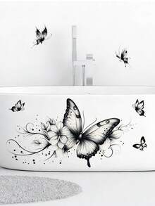 1pc Ink Flower & Butterfly Wall Decal Sticker, Removable Room Decoration For Bedroom, Living Room - 1PC - View 3