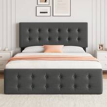 Base de cama tapizada tamaño matrimonial con 4 cajones - Cabecera de piel sintética, diseño capitoné y listones de madera | Base de colchón silenciosa, no necesita somier, gris oscuro - Gris Oscuro - Ver 7