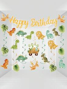 一套丛林动物恐龙生日螺旋吊坠和旗帜，恐龙主题生日派对房间墙面背景装饰，家居装饰，婴儿派对装饰吊坠，绿色森林主题背景装饰，野性十足的装饰品，生日挂饰，派对礼品，生日礼物，婴儿派对礼物 - 恐龍 - 查看 7