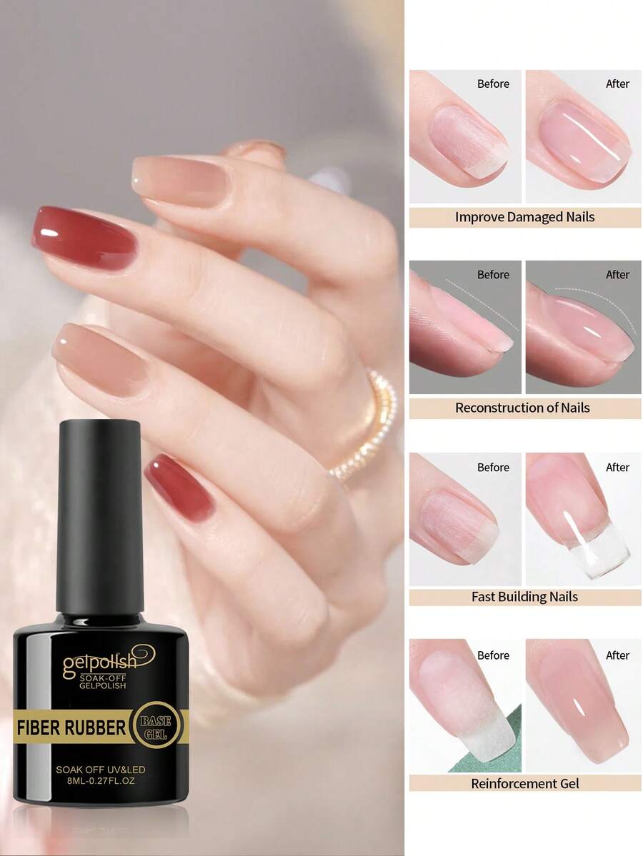 15ml Fiber Rubber Base Coat Gel Nail Polish Set, Solid Color, Removable, No Wipe Needed, Suitable For DIY Home Manicure - Clear - View 1