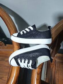 Spring Sequin Fashion Kids Canvas Shoes, Casual Lace-Up Comfortable Boys Girls Canvas Shoes, Anti-Slip Student Sneakers - Black - View 7