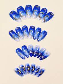 24Pcs Celestial Blue Marble Press-On Nails Almond Shape Fake Nails With Gold Moon & Star Pattern, Glossy Finish - Multicolor - View 2