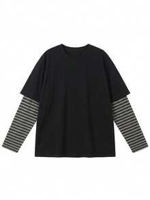 JUTUQU Spring Black Vintage Striped Patchwork Sleeve Women's T-Shirt, Versatile Party Wear 2026 Round Neck Long Sleeve Top Casual - 2A19 Black - View 5