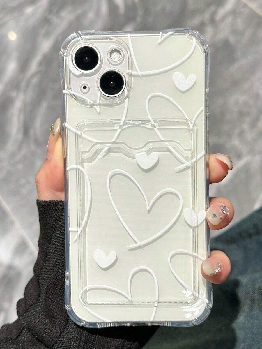 1pc White Heart Cute Pattern Card Holder Transparent Full Coverage Anti-Drop TPU Phone Protective Case Compatible With Iphone11 12 13 14 15 16 17 Pro Max, A53/52/51, S22 Series - 規格4() - 查看 1