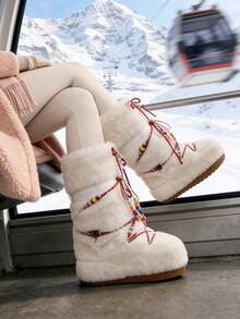 Faux Fur Boots For Women Winter Snow Boots Platform Lace Up Round Toe Boots Warm Snow Shoes Fluffy Winter Boots - 米色 - 查看 1